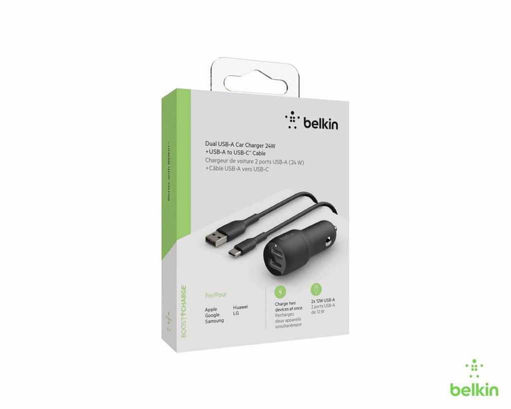 Belkin Dual USB Car Charger 24W + USB - C Cable - Black - Al Hamd Tech